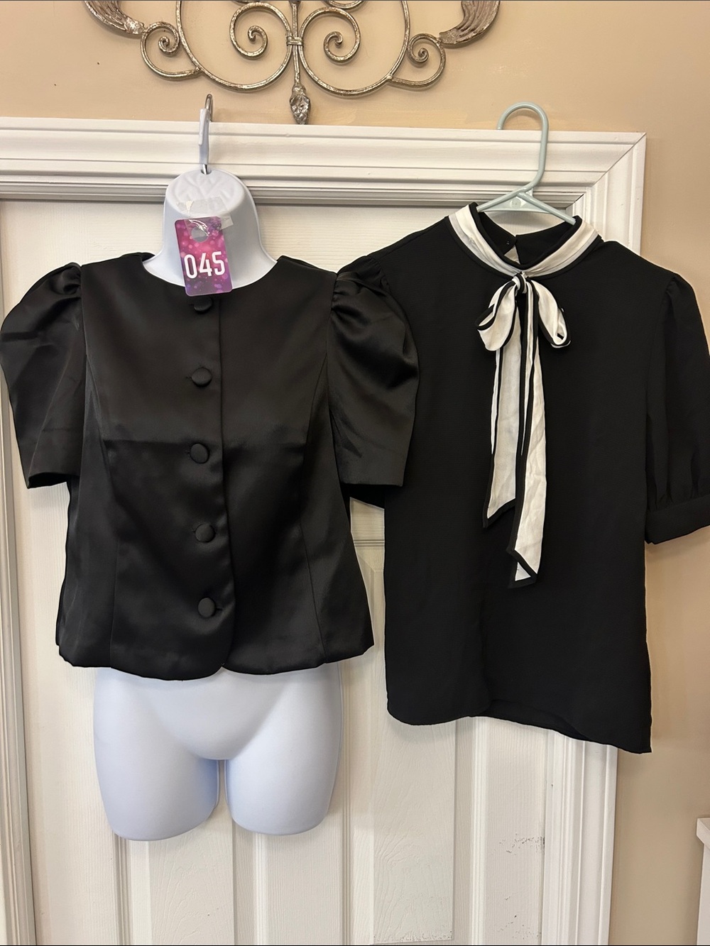 CeCe Black Short-Sleeve Bow-Tie Blouse with Cream Tie and H&M button down top